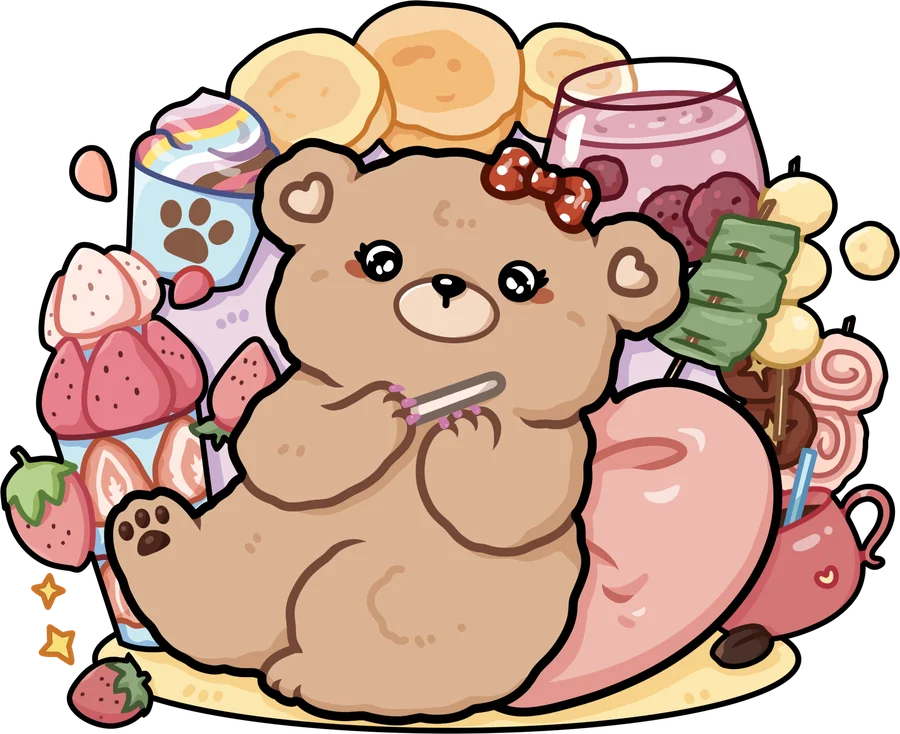 Mollybear — the Mollyfuns mascot filing its nails, surrounded by desserts
